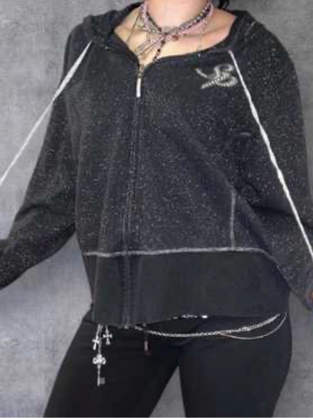 South Pole full zip up hooded black and metallic silver sparkles jacket M
